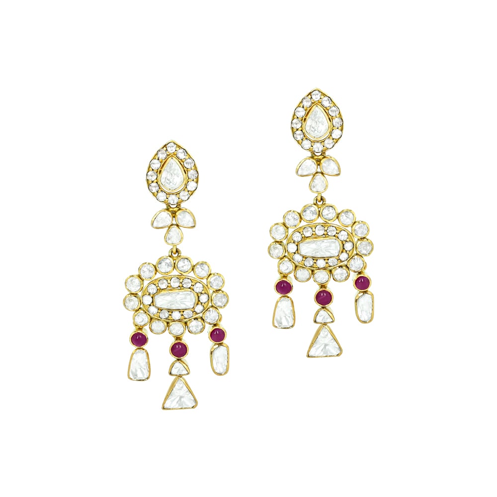 Polki Earrings with Ruby Accents and Dangling Drops